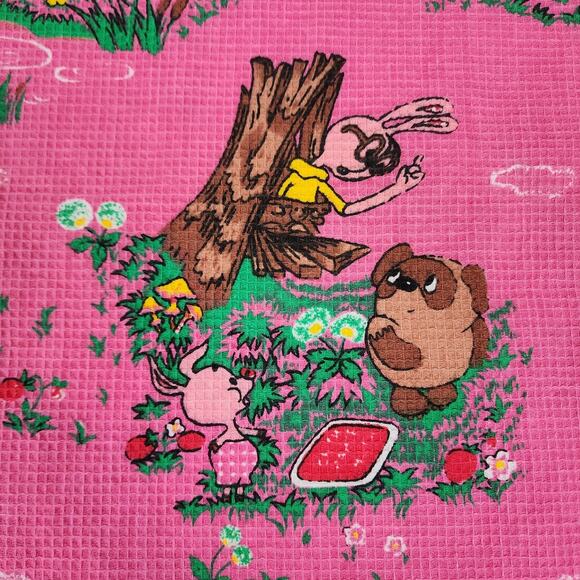 Vintage Soviet Union USSR Russian Winnie the Pooh Fabric Pink Waffle Weave Cloth - Picture 4 of 6